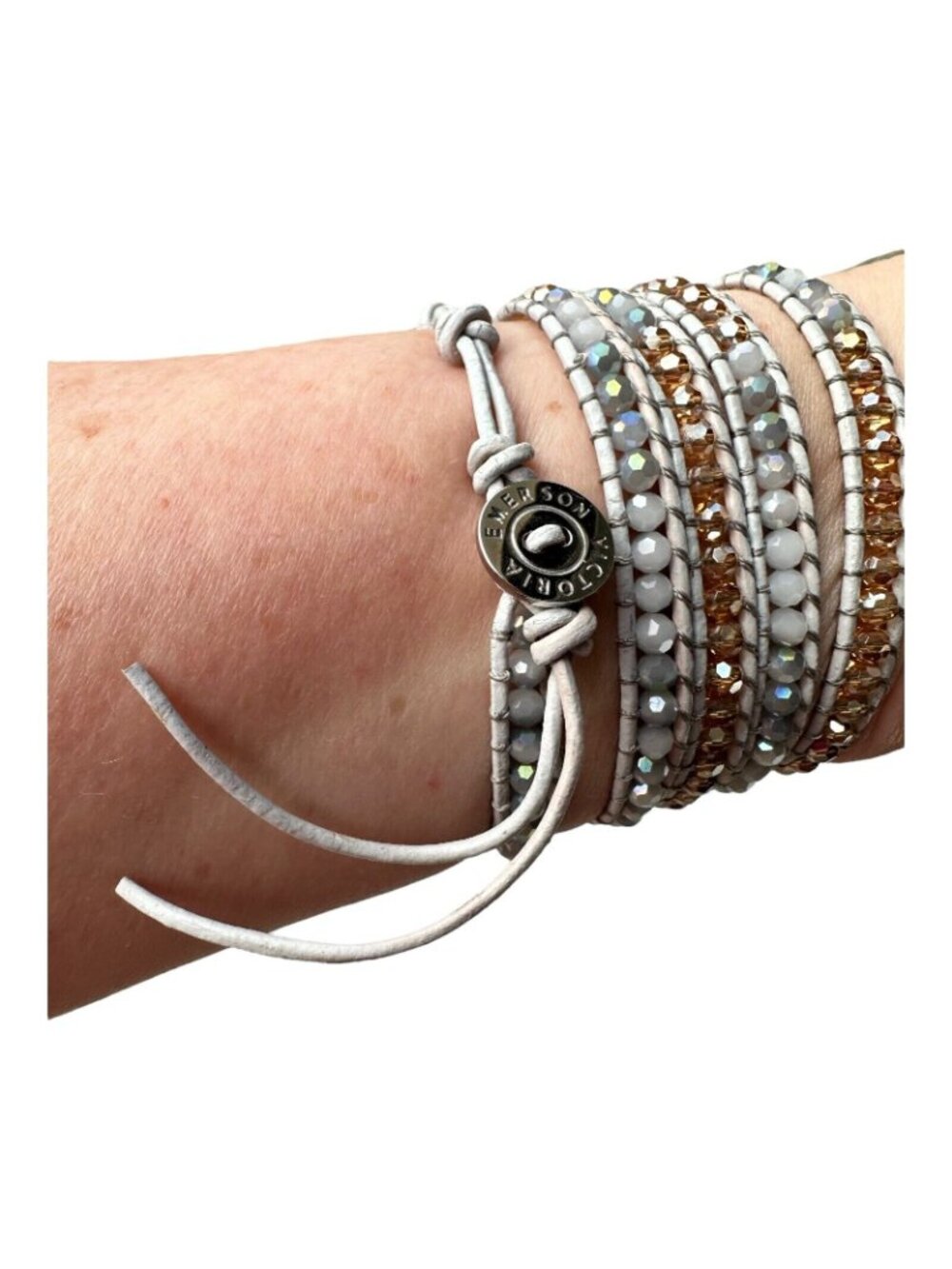 Victoria Emerson Leather Wrap Bracelet Quartz Crystal Beads 36" White Rose Gold - Picture 5 of 16